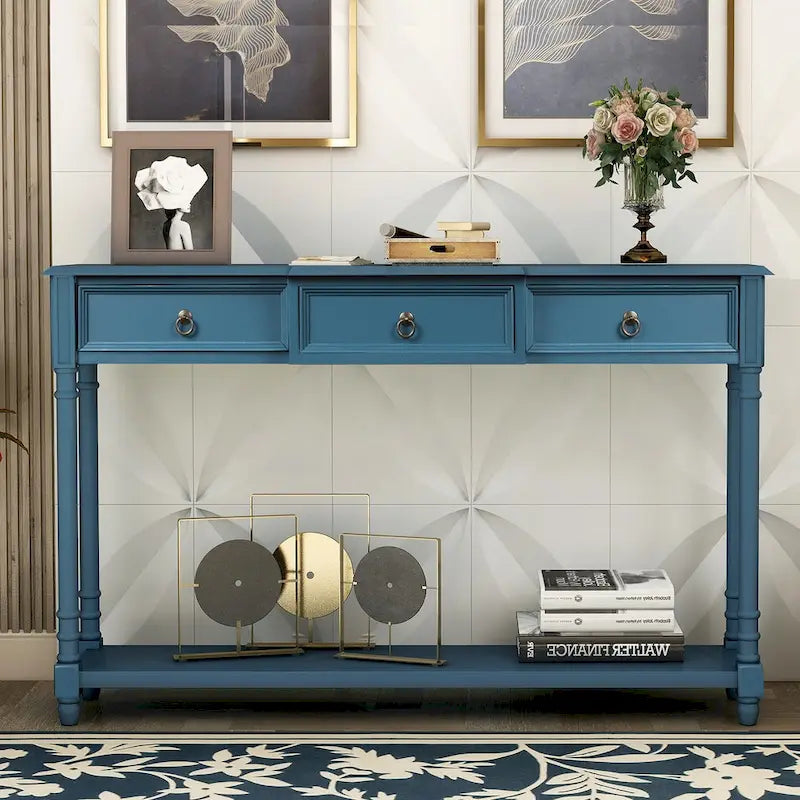 Solid Wood Console Table with 3 Drawers and Shelf