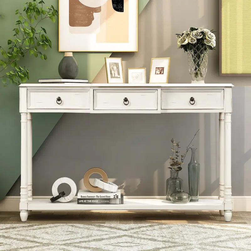 Solid Wood Console Table with 3 Drawers and Shelf