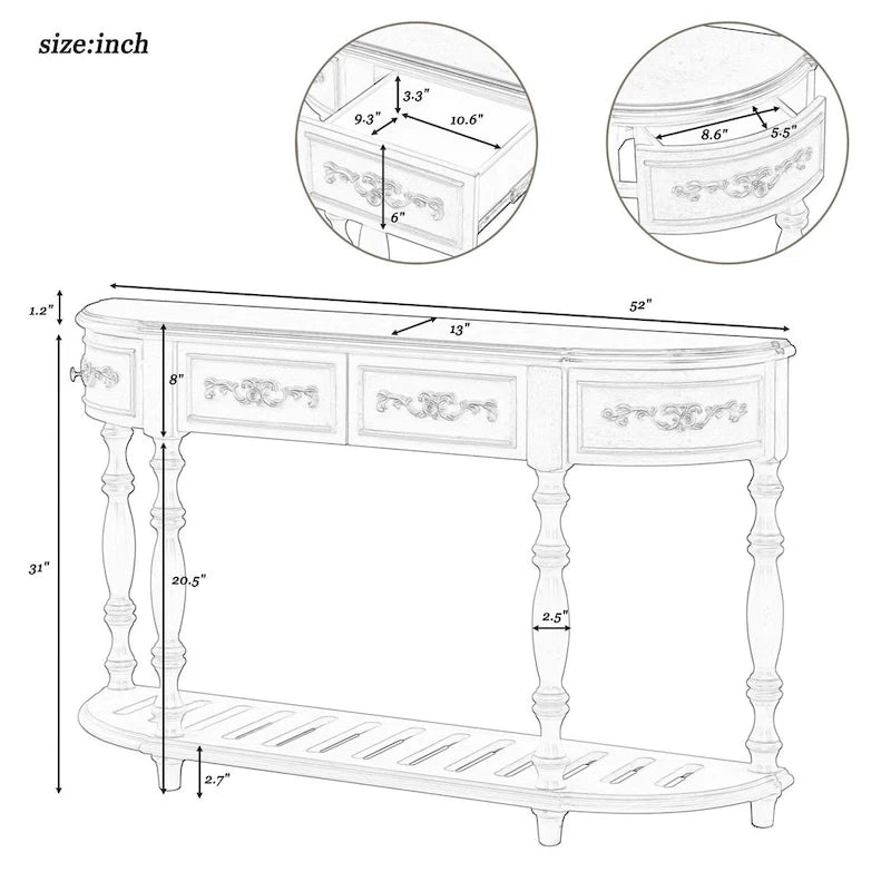Curved Console Table with 4 Drawers and 1 Shelf