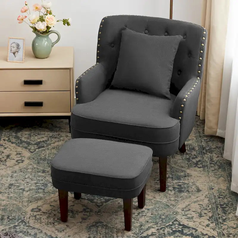 Club Chair Upholstered Button Tufted Accent Chair with Ottoman and Pillow