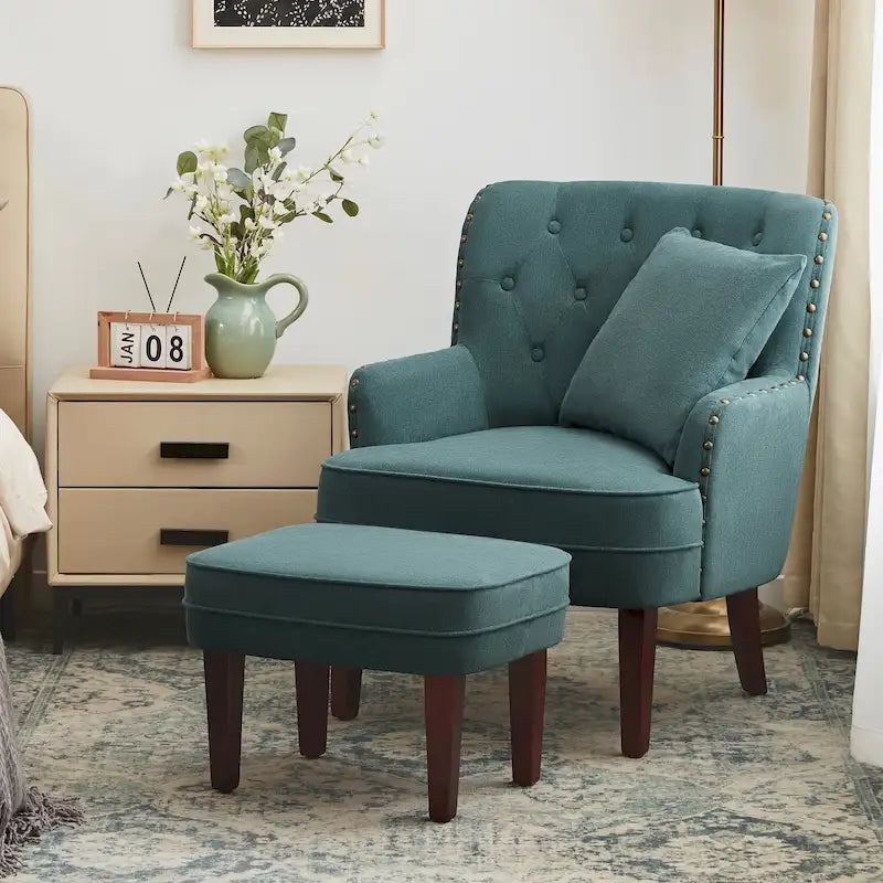 Club Chair Upholstered Button Tufted Accent Chair with Ottoman and Pillow