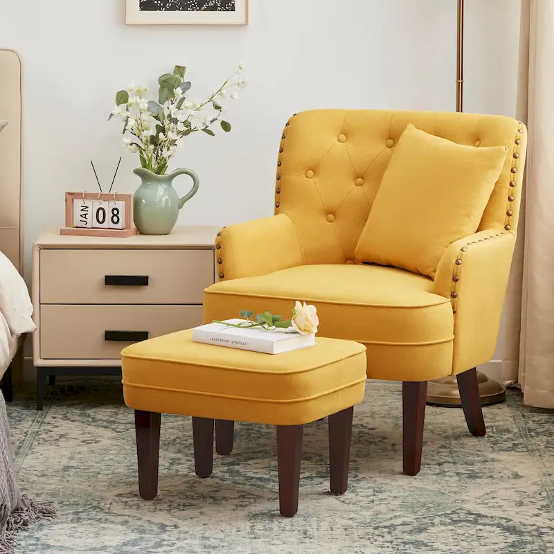 Club Chair Upholstered Button Tufted Accent Chair with Ottoman and Pillow
