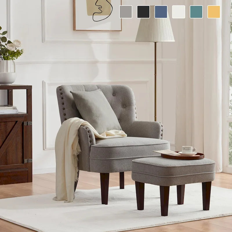 Club Chair Upholstered Button Tufted Accent Chair with Ottoman and Pillow