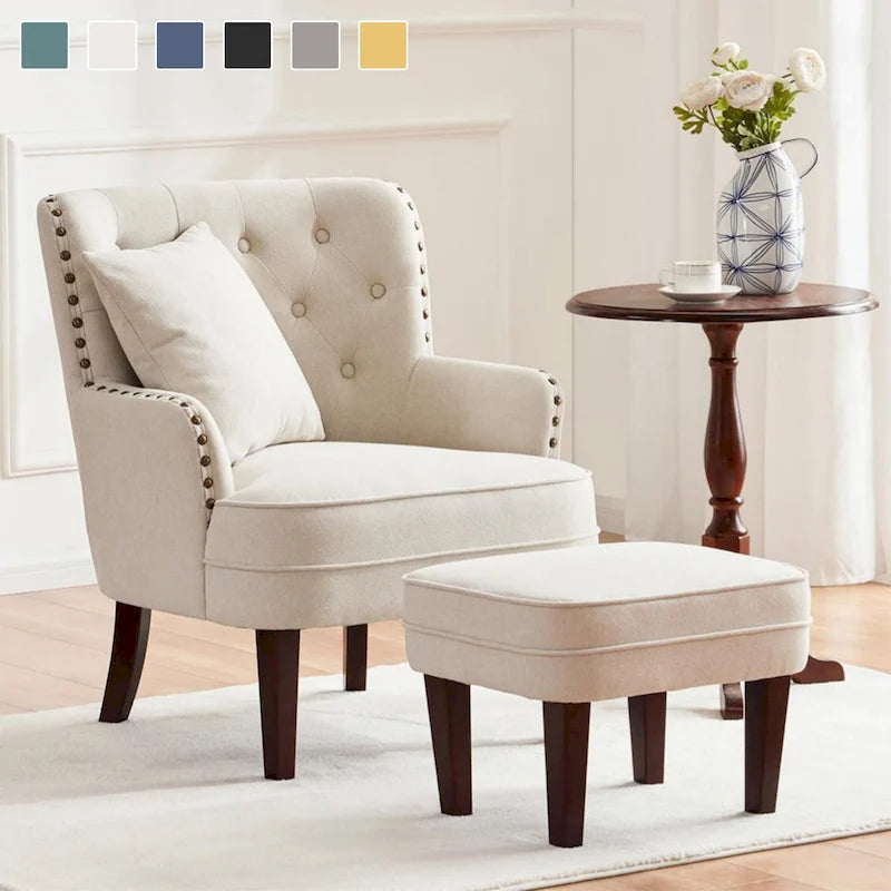 Club Chair Upholstered Button Tufted Accent Chair with Ottoman and Pillow
