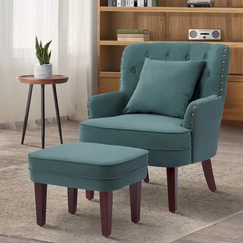 Club Chair Upholstered Button Tufted Accent Chair with Ottoman and Pillow