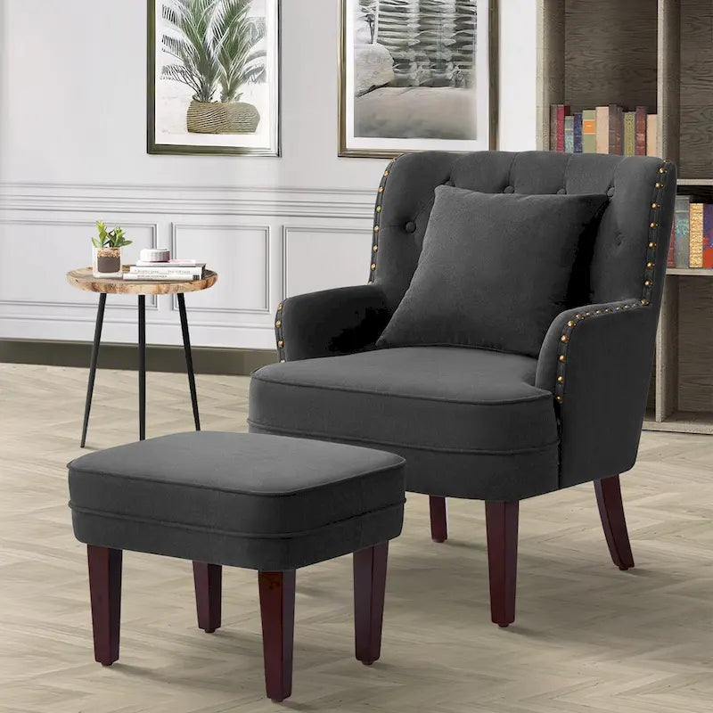 Club Chair Upholstered Button Tufted Accent Chair with Ottoman and Pillow