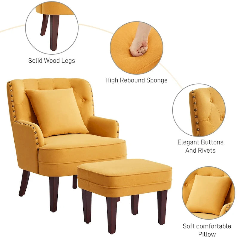 Club Chair Upholstered Button Tufted Accent Chair with Ottoman and Pillow