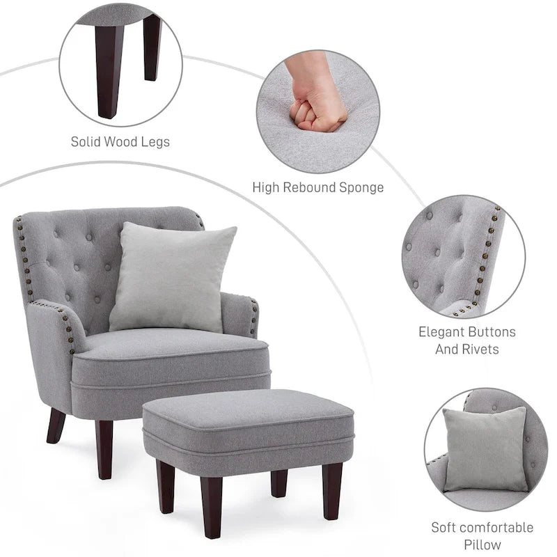 Club Chair Upholstered Button Tufted Accent Chair with Ottoman and Pillow