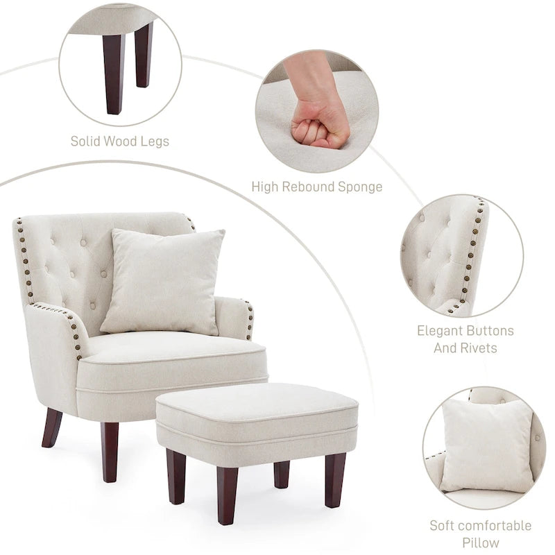 Club Chair Upholstered Button Tufted Accent Chair with Ottoman and Pillow