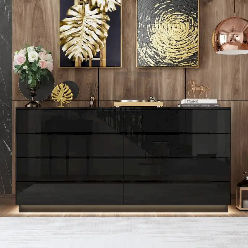 63 High Gloss Dresser With Light Chest w/8 Drawers&Spacious Tabletop