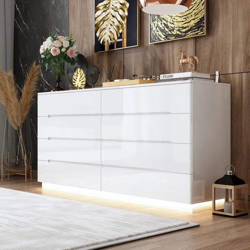 63 High Gloss Dresser With Light Chest w/8 Drawers&Spacious Tabletop