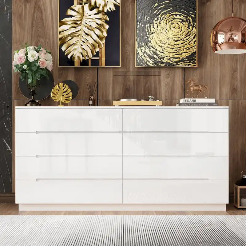 63 High Gloss Dresser With Light Chest w/8 Drawers&Spacious Tabletop