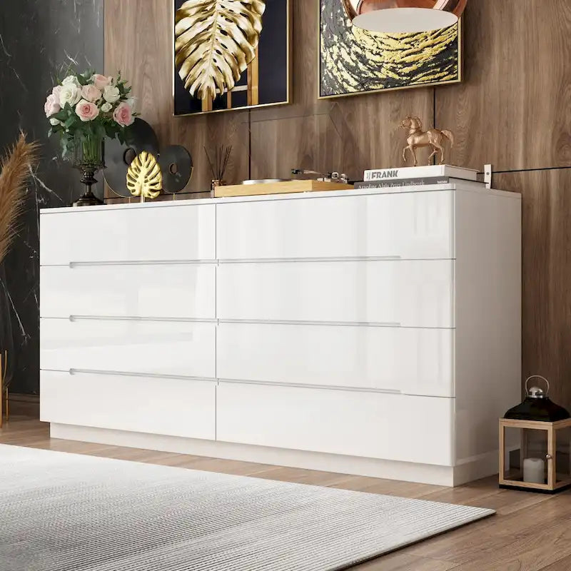 63 High Gloss Dresser With Light Chest w/8 Drawers&Spacious Tabletop