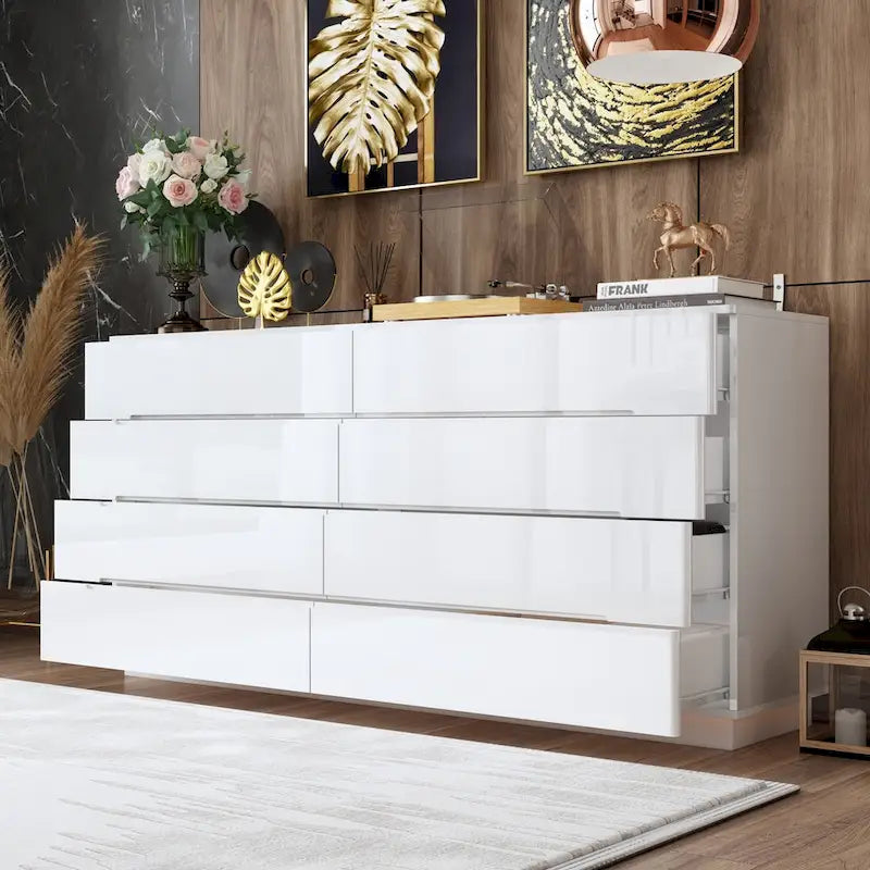 63 High Gloss Dresser With Light Chest w/8 Drawers&Spacious Tabletop