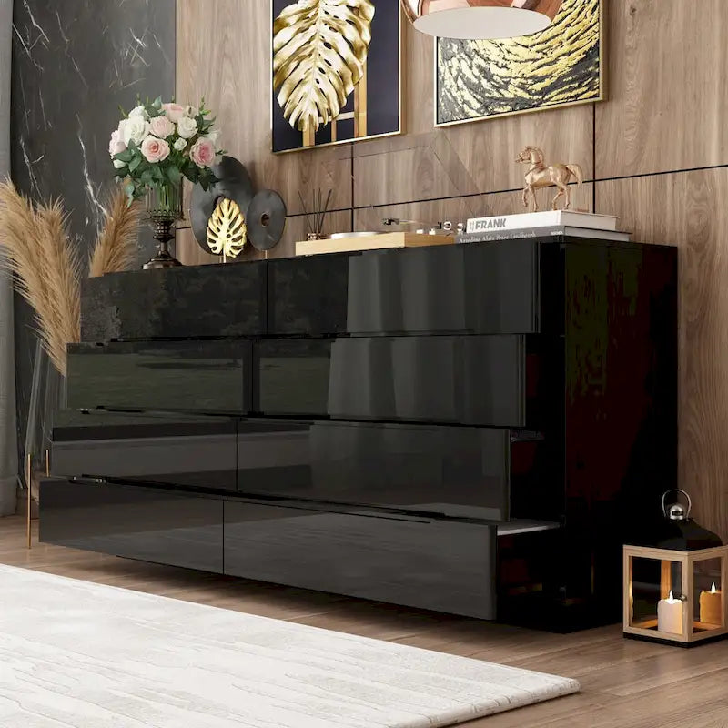63 High Gloss Dresser With Light Chest w/8 Drawers&Spacious Tabletop