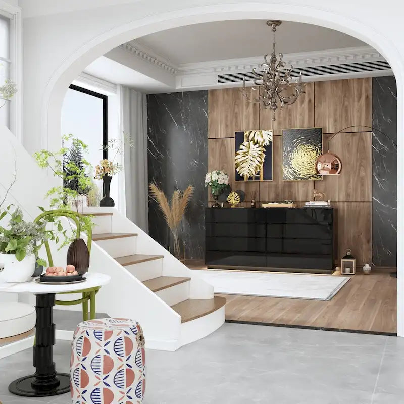 63 High Gloss Dresser With Light Chest w/8 Drawers&Spacious Tabletop
