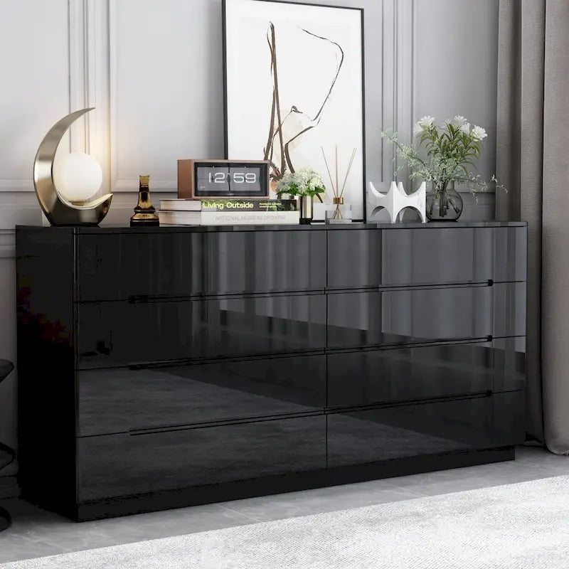 63 High Gloss Dresser With Light Chest w/8 Drawers&Spacious Tabletop