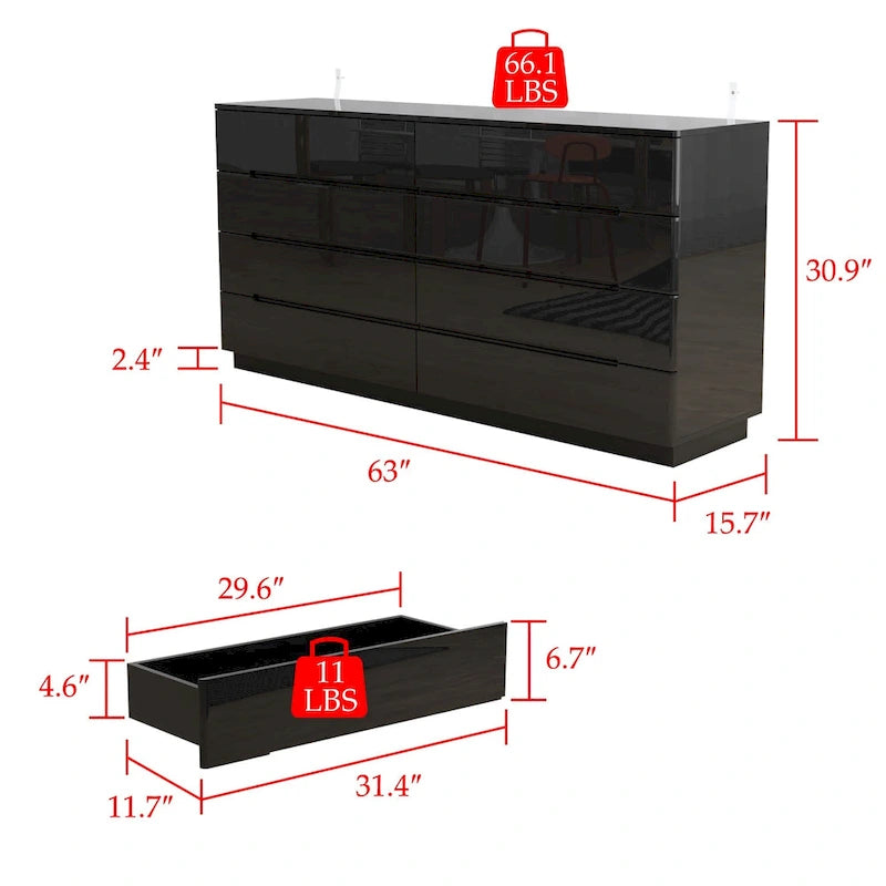 63 High Gloss Dresser With Light Chest w/8 Drawers&Spacious Tabletop