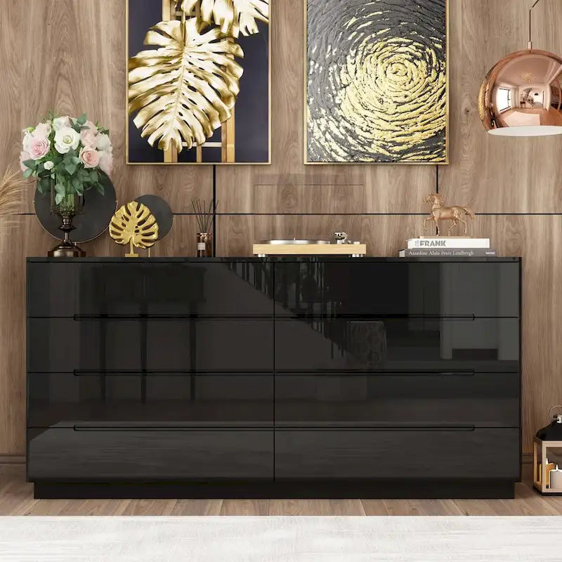63 High Gloss Dresser With Light Chest w/8 Drawers&Spacious Tabletop