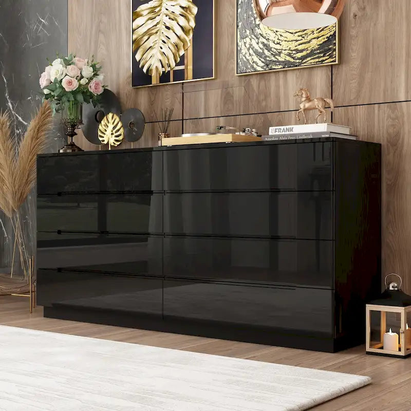 63 High Gloss Dresser With Light Chest w/8 Drawers&Spacious Tabletop