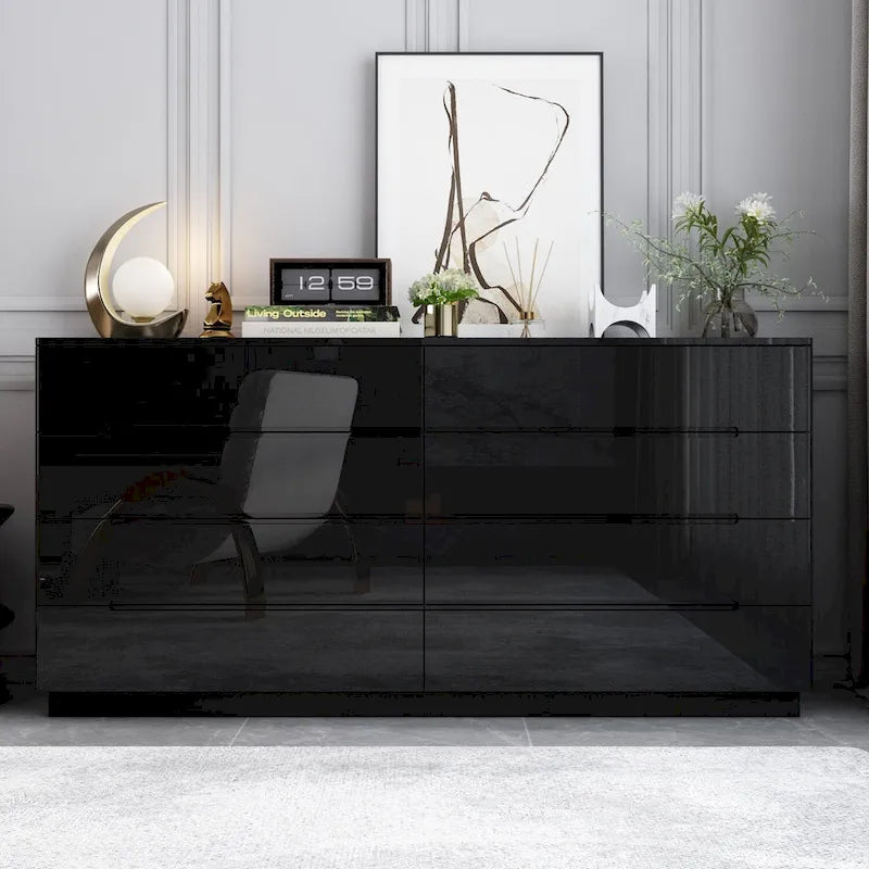 63 High Gloss Dresser With Light Chest w/8 Drawers&Spacious Tabletop
