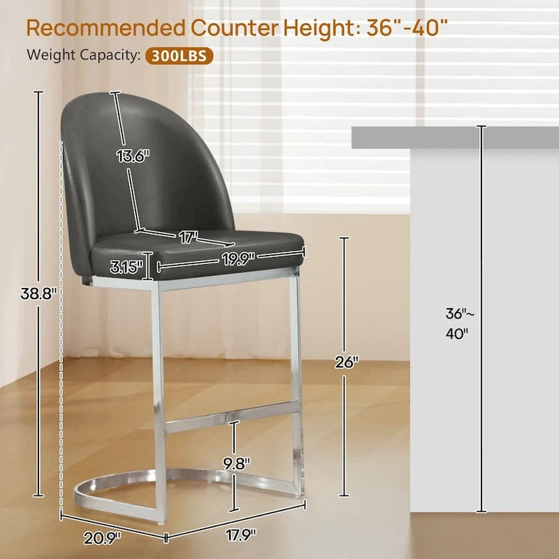 26 Faux Leather Upholstered Counter Height Bar Stools with Metal Legs - 38.8H x 17.9W x 20.9D