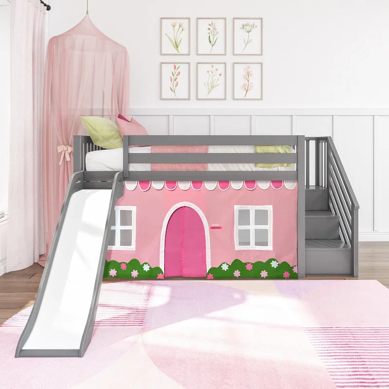 and Classic Twin Low Loft with Stairs, Easy Slide and Curtain