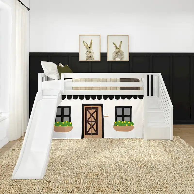 and Classic Twin Low Loft with Stairs, Easy Slide and Curtain