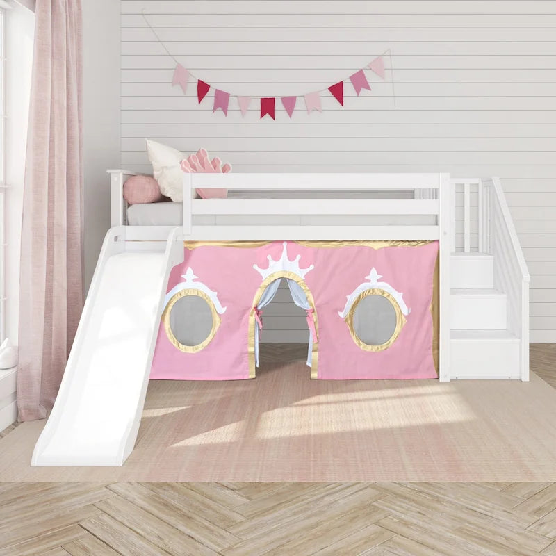and Classic Twin Low Loft with Stairs, Easy Slide and Curtain
