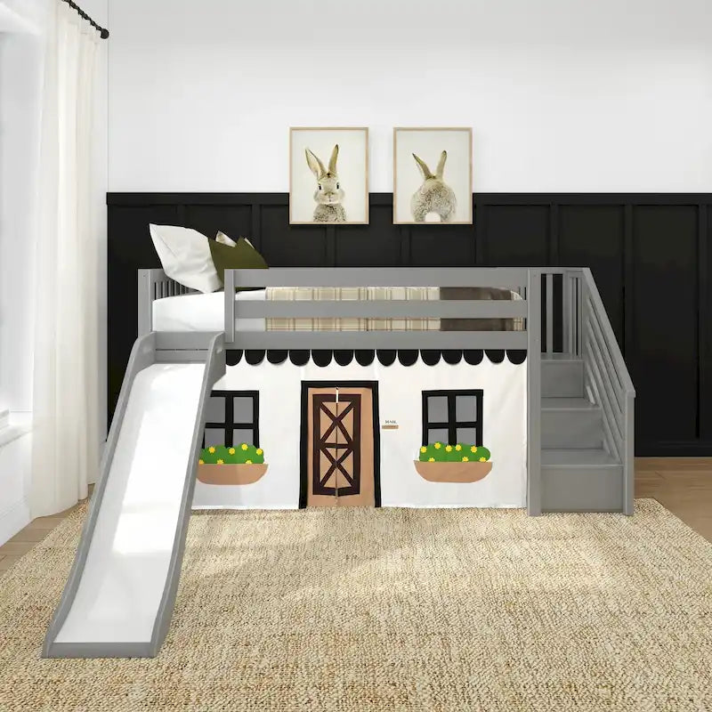 and Classic Twin Low Loft with Stairs, Easy Slide and Curtain