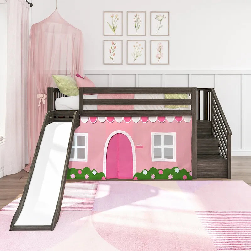 and Classic Twin Low Loft with Stairs, Easy Slide and Curtain