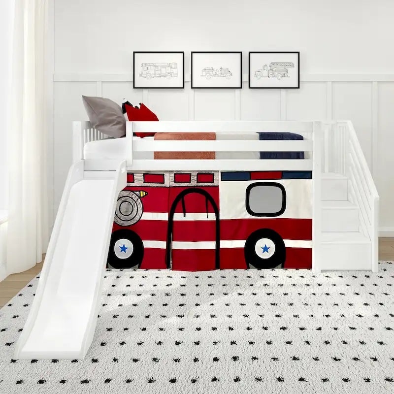 and Classic Twin Low Loft with Stairs, Easy Slide and Curtain