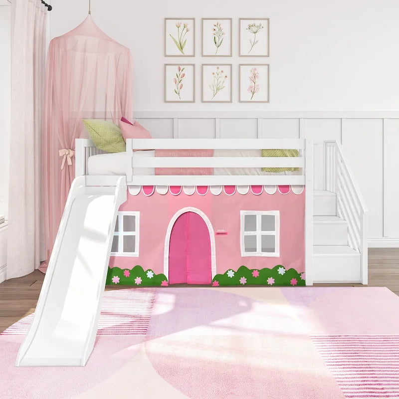 and Classic Twin Low Loft with Stairs, Easy Slide and Curtain
