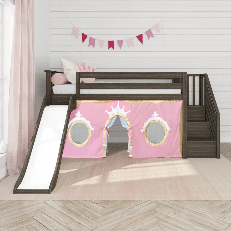 and Classic Twin Low Loft with Stairs, Easy Slide and Curtain