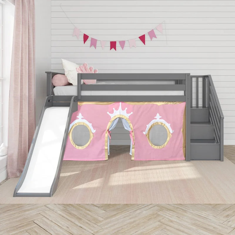 and Classic Twin Low Loft with Stairs, Easy Slide and Curtain