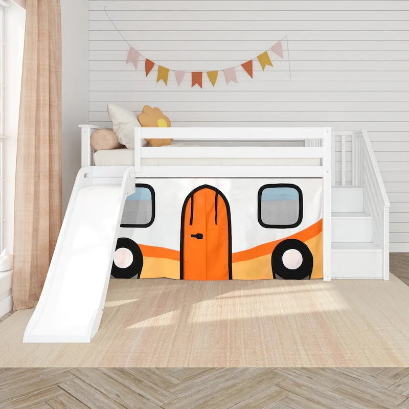 and Classic Twin Low Loft with Stairs, Easy Slide and Curtain