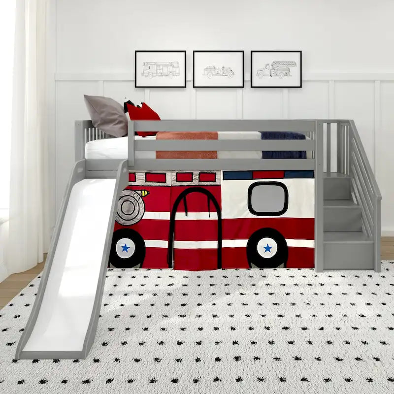 and Classic Twin Low Loft with Stairs, Easy Slide and Curtain