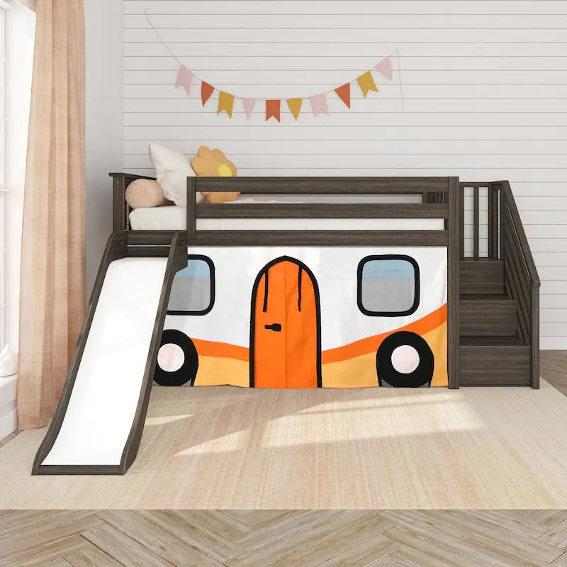 and Classic Twin Low Loft with Stairs, Easy Slide and Curtain