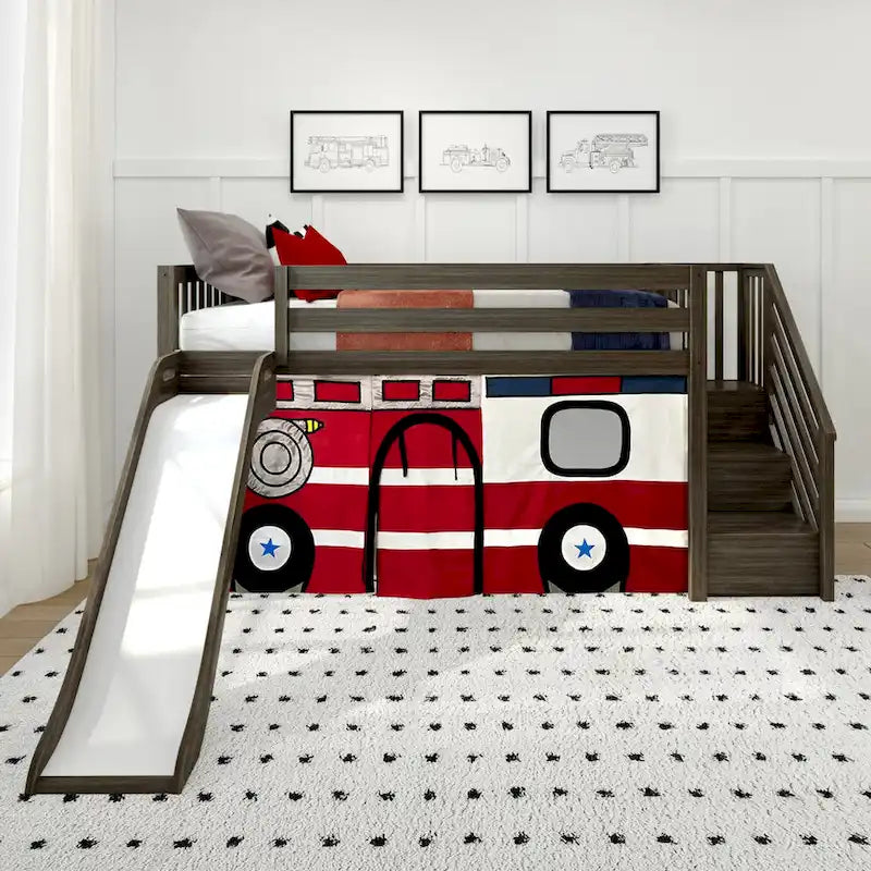 and Classic Twin Low Loft with Stairs, Easy Slide and Curtain