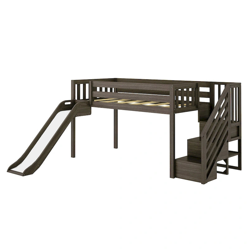 and Classic Twin Low Loft with Stairs, Easy Slide and Curtain