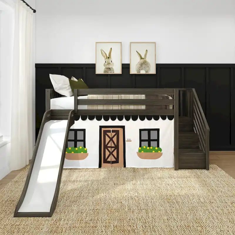 and Classic Twin Low Loft with Stairs, Easy Slide and Curtain