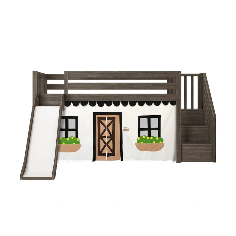 and Classic Twin Low Loft with Stairs, Easy Slide and Curtain
