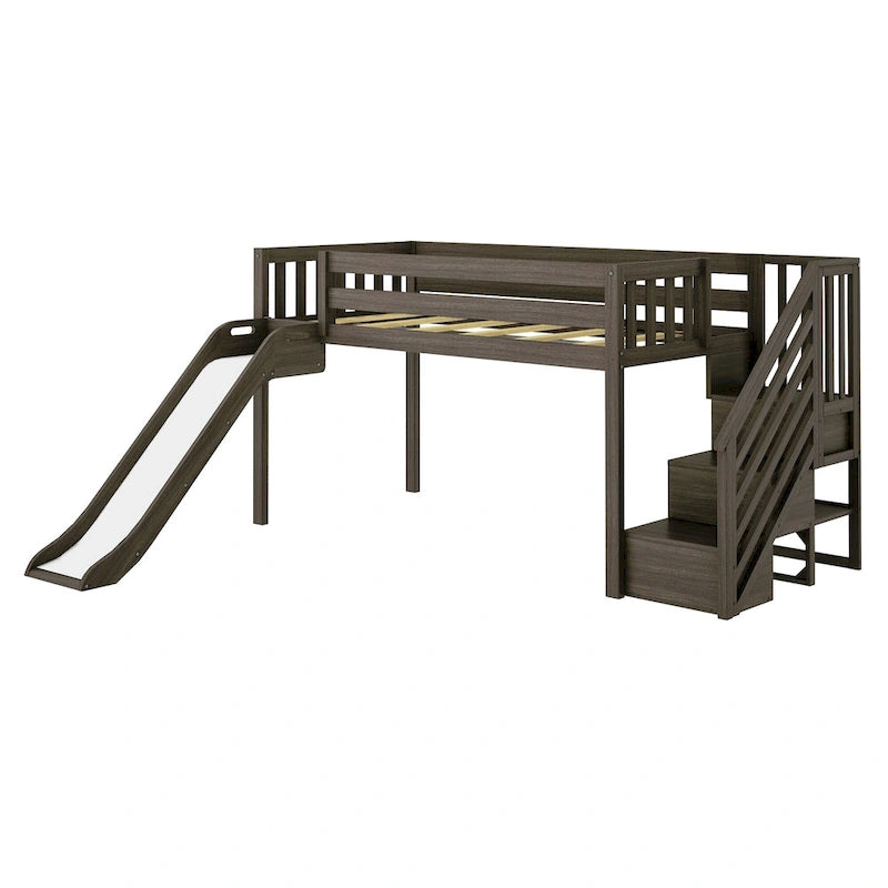 and Classic Twin Low Loft with Stairs, Easy Slide and Curtain