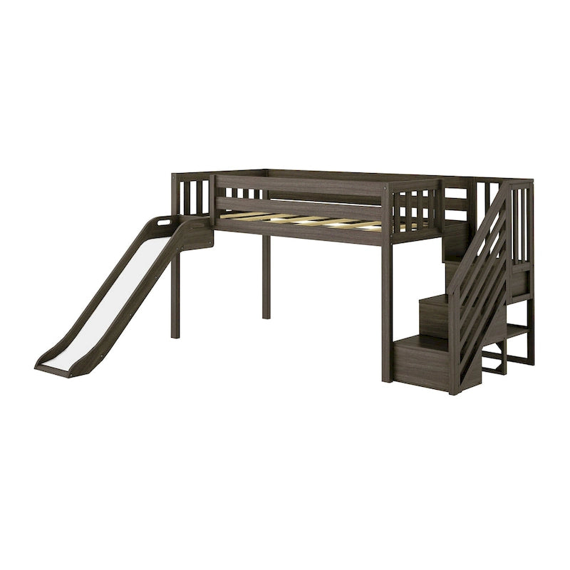 and Classic Twin Low Loft with Stairs, Easy Slide and Curtain