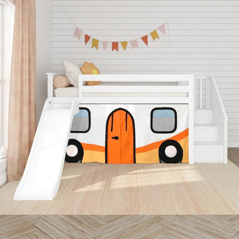 and Classic Twin Low Loft with Stairs, Easy Slide and Curtain