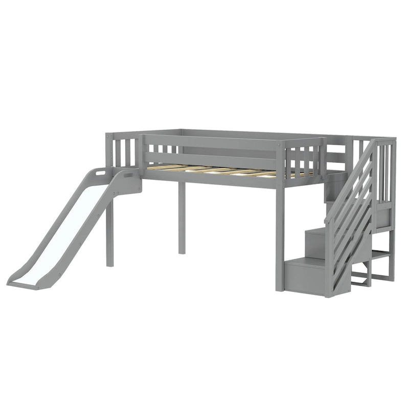 and Classic Twin Low Loft with Stairs, Easy Slide and Curtain