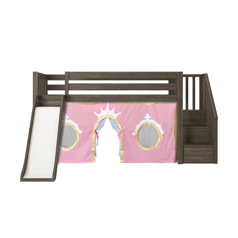and Classic Twin Low Loft with Stairs, Easy Slide and Curtain