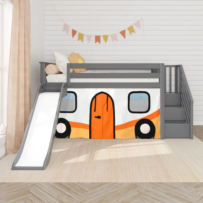 and Classic Twin Low Loft with Stairs, Easy Slide and Curtain
