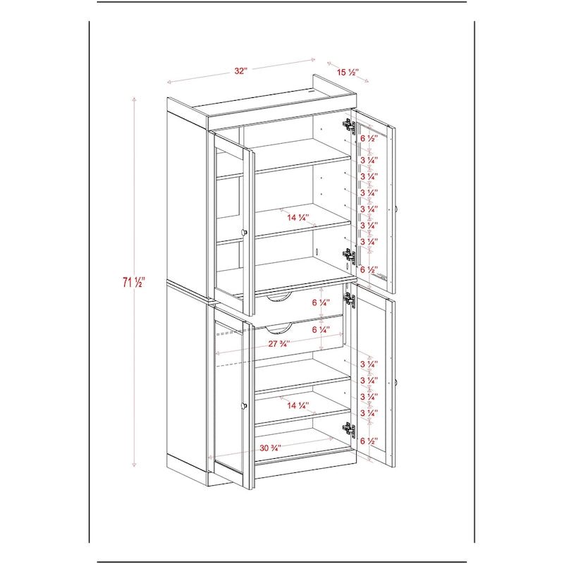 Imports 100% Solid Wood Pantry Cabinet with Frosted, Clear Glass or Solid Doors, 2-Drawers and Adjustable Shelves