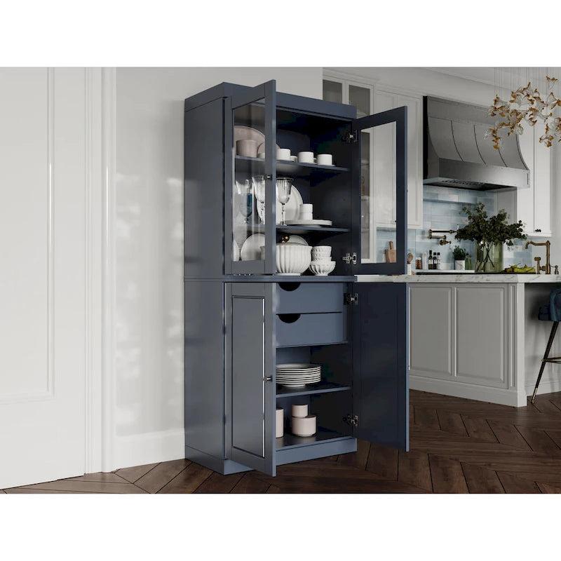 Imports 100% Solid Wood Pantry Cabinet with Frosted, Clear Glass or Solid Doors, 2-Drawers and Adjustable Shelves